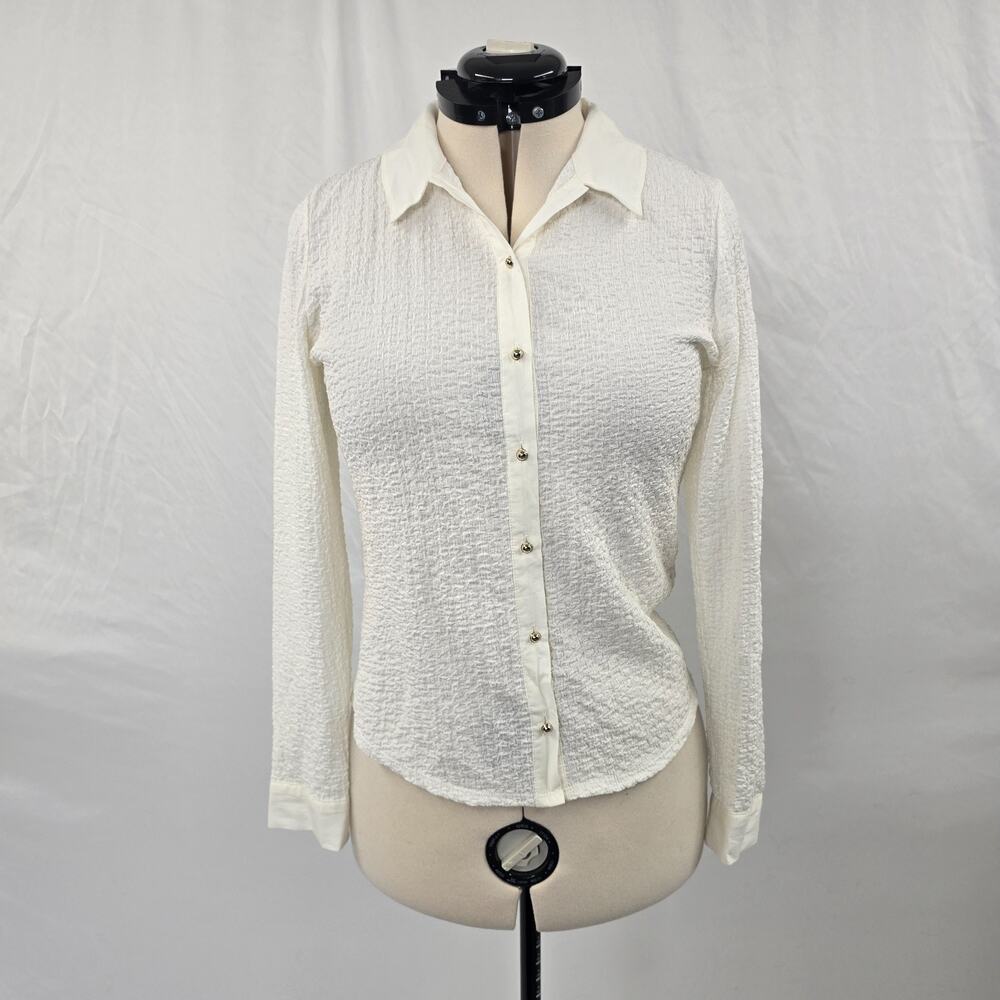 Philosophy Button Up Blouse Women's L Cream Textured Long Sleeve Collar
